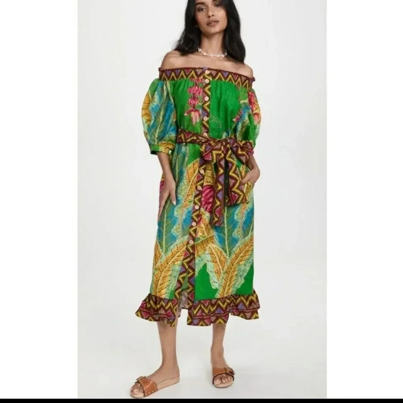 Farm Rio - Banana Leaves Off Shoulder Midi Dress in Banana Leaves size M NWT - Picture 7 of 9